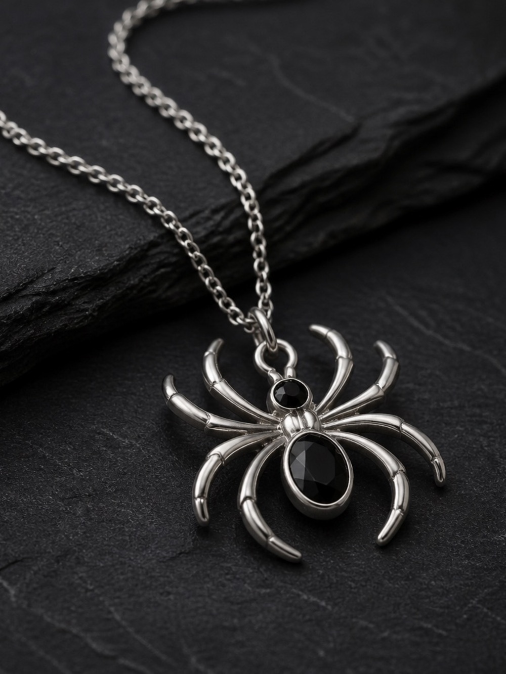 Sterling Spider Pendant Necklace with Black Stones - unisex